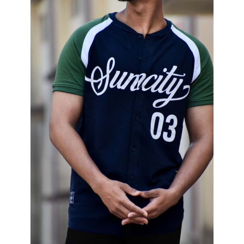 Navy Blue and Green Suncity Baseball Half Sleeves T Shirt