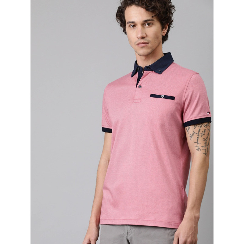 Men Pink Solid Slim Fit Polo Collar T-shirt