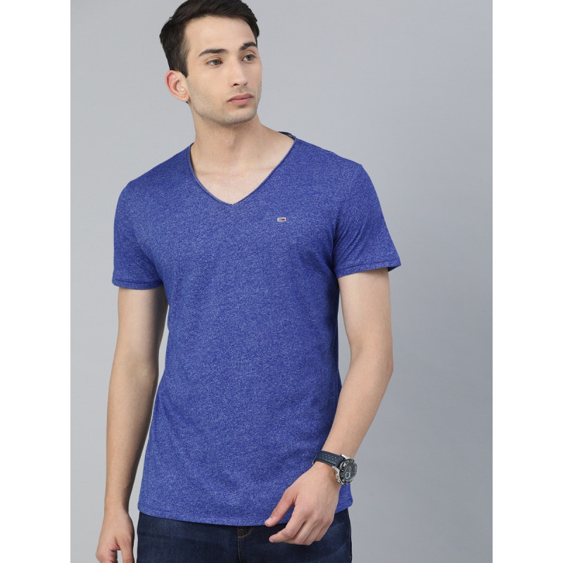 Men Blue Slim Fit Solid V-Neck T-shirt