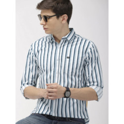 Men White & Teal Blue Slim...