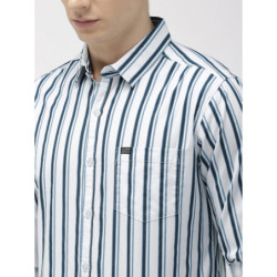 Men White & Teal Blue Slim Fit Striped Casual Shirt