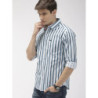 Men White & Teal Blue Slim Fit Striped Casual Shirt