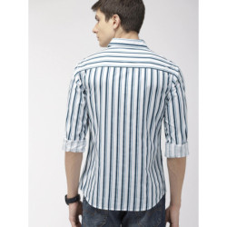 Men White & Teal Blue Slim Fit Striped Casual Shirt