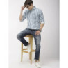 Men White & Teal Blue Slim Fit Striped Casual Shirt