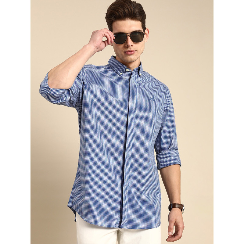 Men Blue&White Gingham Checked Slim Collared Opaque Formal Shirt