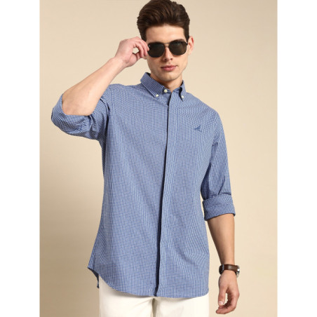 Men Blue&White Gingham Checked Slim Collared Opaque Formal Shirt