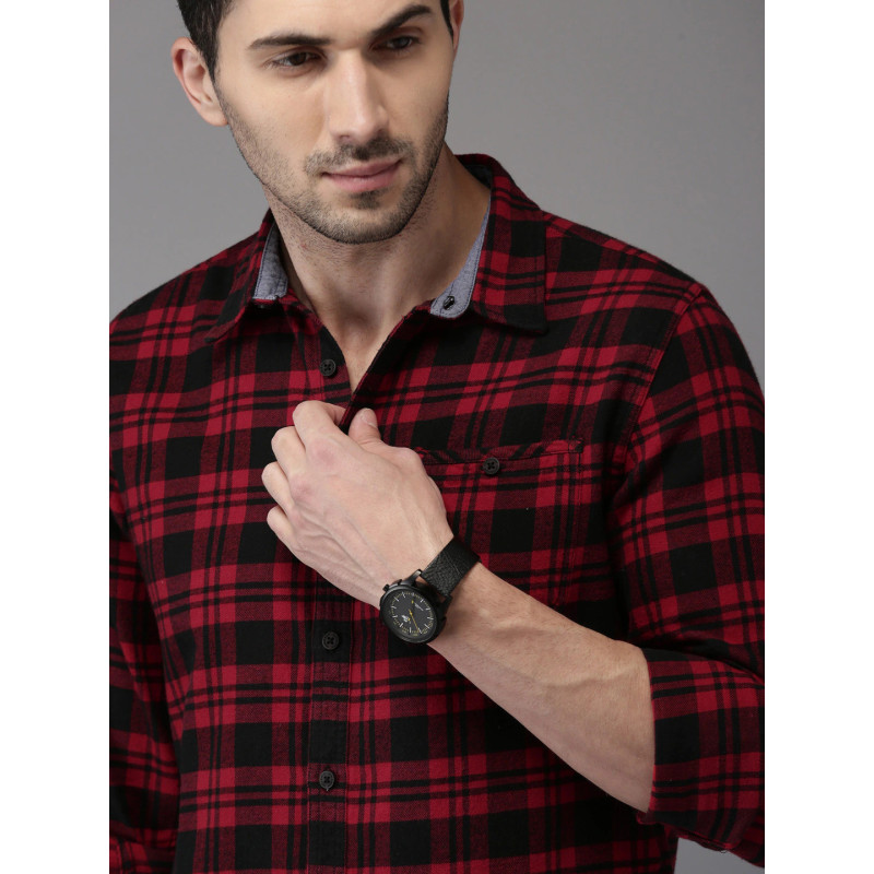 Men Red & Black Checked Pure Cotton Casual Shirt