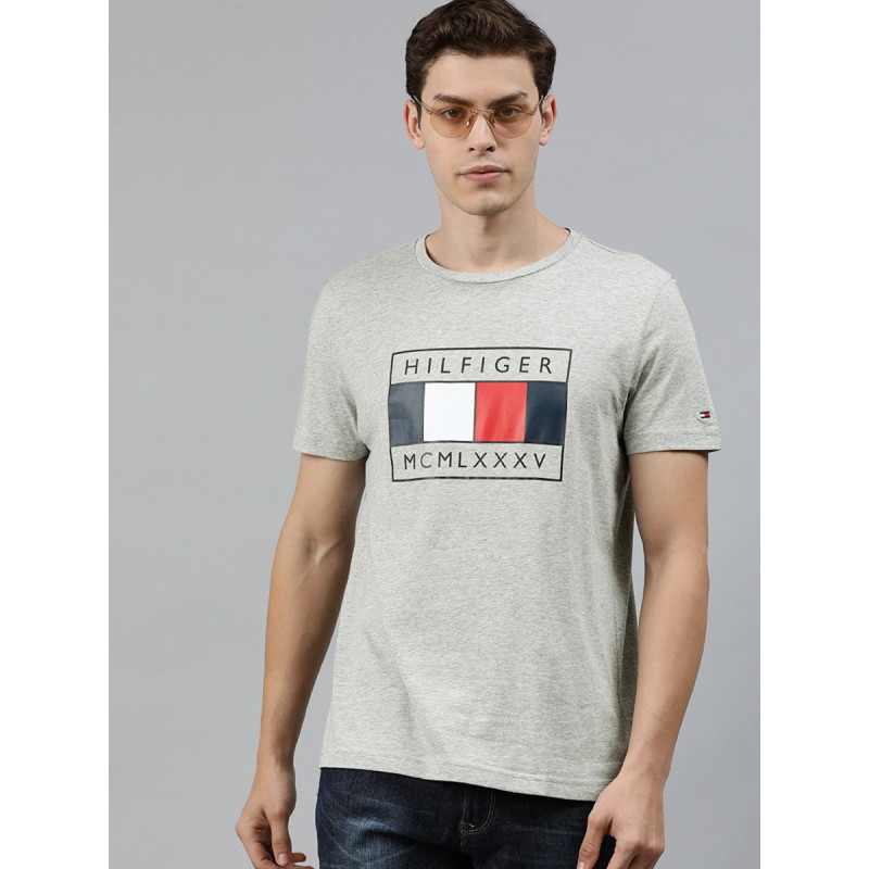 Men Grey Melange Printed Round Neck T-shirt