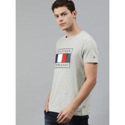 Men Grey Melange Printed Round Neck T-shirt