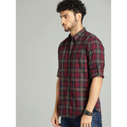 Men Maroon & Navy Blue Checked Pure Cotton Casual Sustainable Shirt