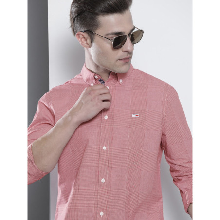 Men Red & White Slim Fit Micro Checked Opaque Casual Shirt