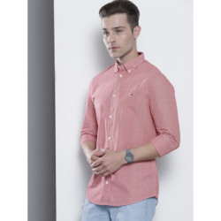 Men Red & White Slim Fit Micro Checked Opaque Casual Shirt