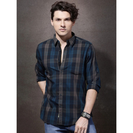 Men Navy & Grey Checked Casual Sustainable Shirt