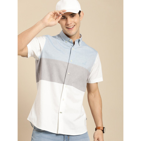 Men White Colourblocked Button-Down Collar Classic Fit Casual Shirt