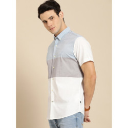 Men White Colourblocked Button-Down Collar Classic Fit Casual Shirt