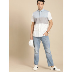 Men White Colourblocked Button-Down Collar Classic Fit Casual Shirt