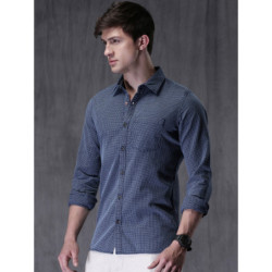 Navy Blue Slim Fit Checked Casual Shirt