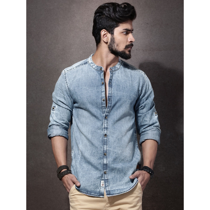 Men Blue Regular Fit Faded Casual Denim Sustainable Shirt