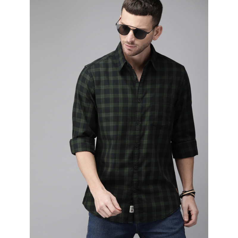 Men Olive Green & Black Checked Sustainable Casual Shirt