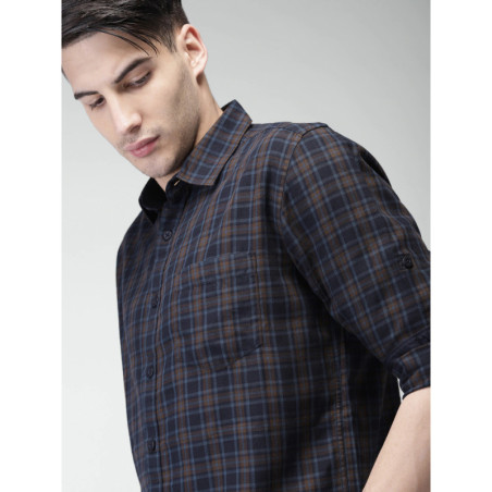 Men Navy & Brown Slim Fit Checked Casual Shirt