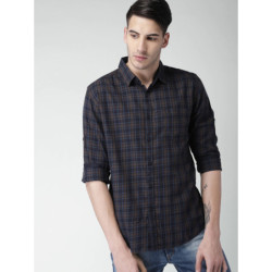 Men Navy & Brown Slim Fit Checked Casual Shirt