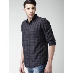 Men Navy & Brown Slim Fit Checked Casual Shirt