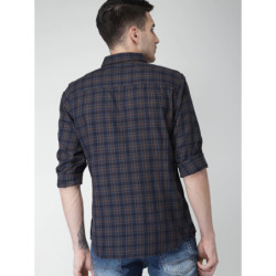 Men Navy & Brown Slim Fit Checked Casual Shirt