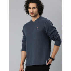 Men Navy Blue Solid Round Neck T-shirt
