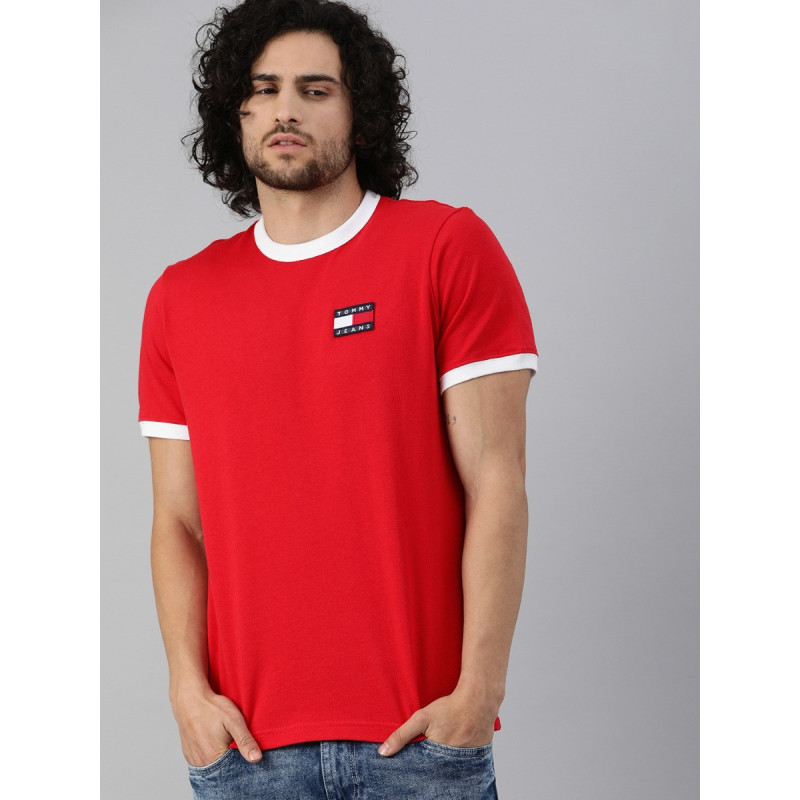 Men Red Solid Round Neck T-shirt