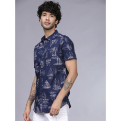 Men Navy Blue Slim Fit Printed Casual Shirt