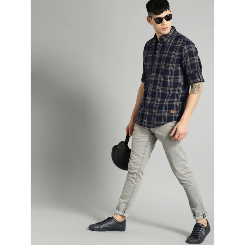Men Blue & Grey Checked Casual Sustainable Shirt