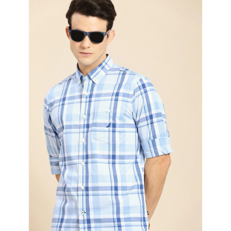 Men Blue Checked Button-Down Collar Classic Fit Casual Shirt