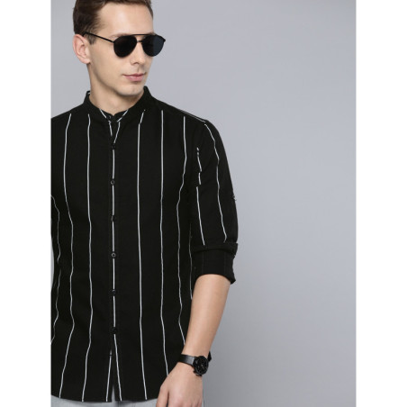 Men Black & White Slim Fit Striped Casual Shirt