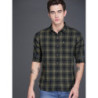 Men Olive Green & Black Slim Fit Checked Casual Shirt