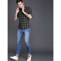 Men Olive Green & Black Slim Fit Checked Casual Shirt