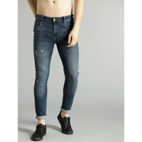 Men Navy Blue Skinny Fit Mid-Rise Low Distress Stretchable Jeans