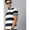 Men White & Navy Blue Striped Polo Collar T-shirt