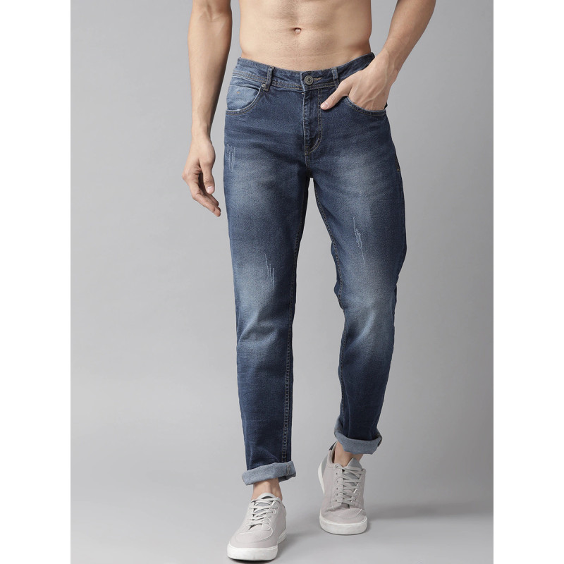 Men Blue Slim Fit Mid-Rise Low Distress Stretchable Jeans