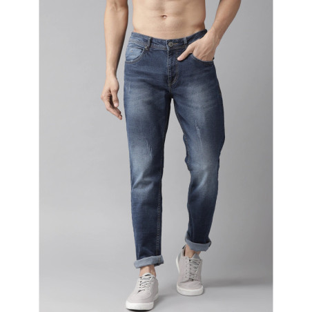 Men Blue Slim Fit Mid-Rise Low Distress Stretchable Jeans