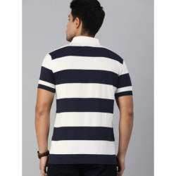 Men White & Navy Blue Striped Polo Collar T-shirt