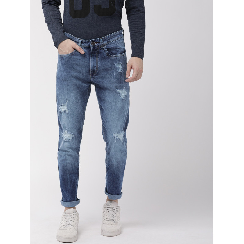 Men Navy Blue Slim Tapered Fit Mid-Rise Highly Distressed Stretchable Jeans