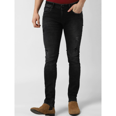 Men Black Slim Fit Low Distress Light Fade Jeans
