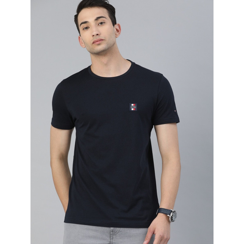 Men Navy Blue Solid Pure Cotton Round Neck T-shirt