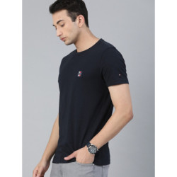 Men Navy Blue Solid Pure Cotton Round Neck T-shirt