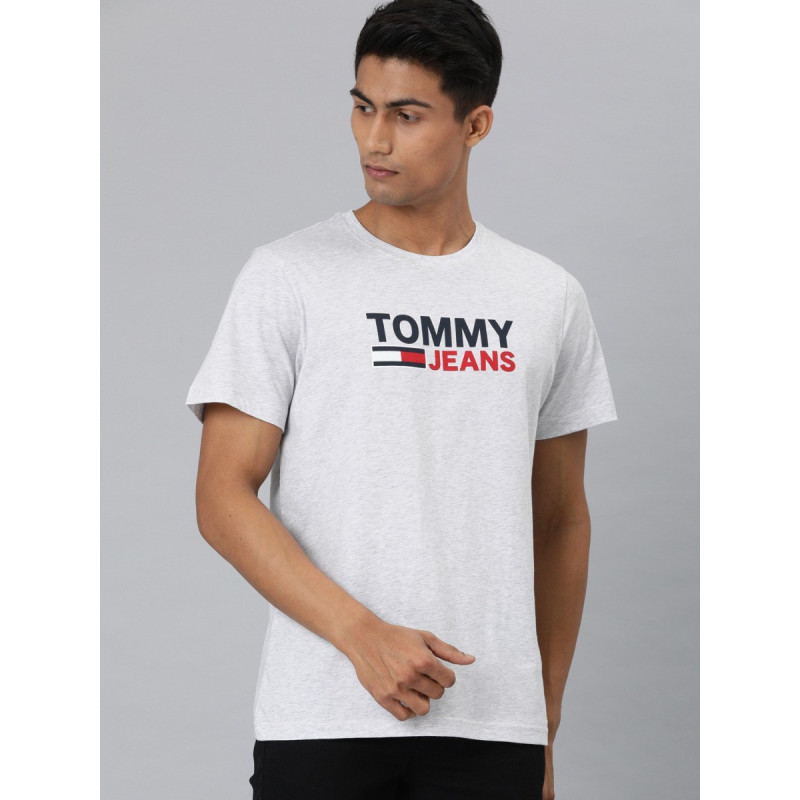 Men Grey Melange Printed Round Neck T-shirt