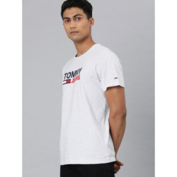 Men Grey Melange Printed Round Neck T-shirt