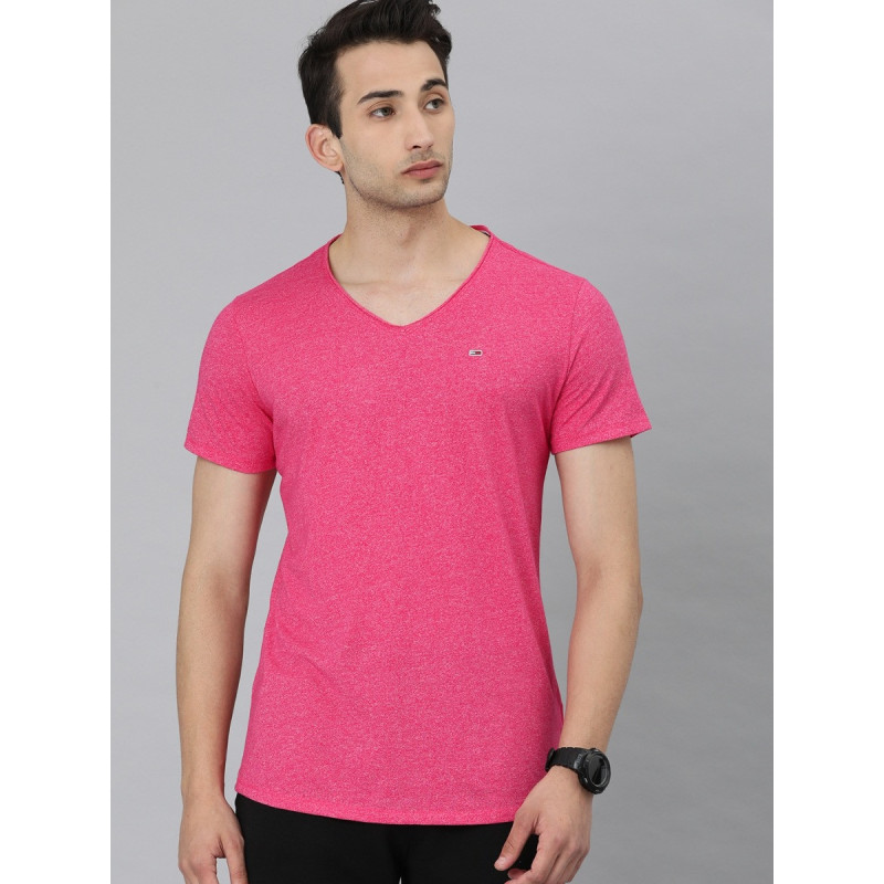 Men Pink Solid V-Neck T-shirt